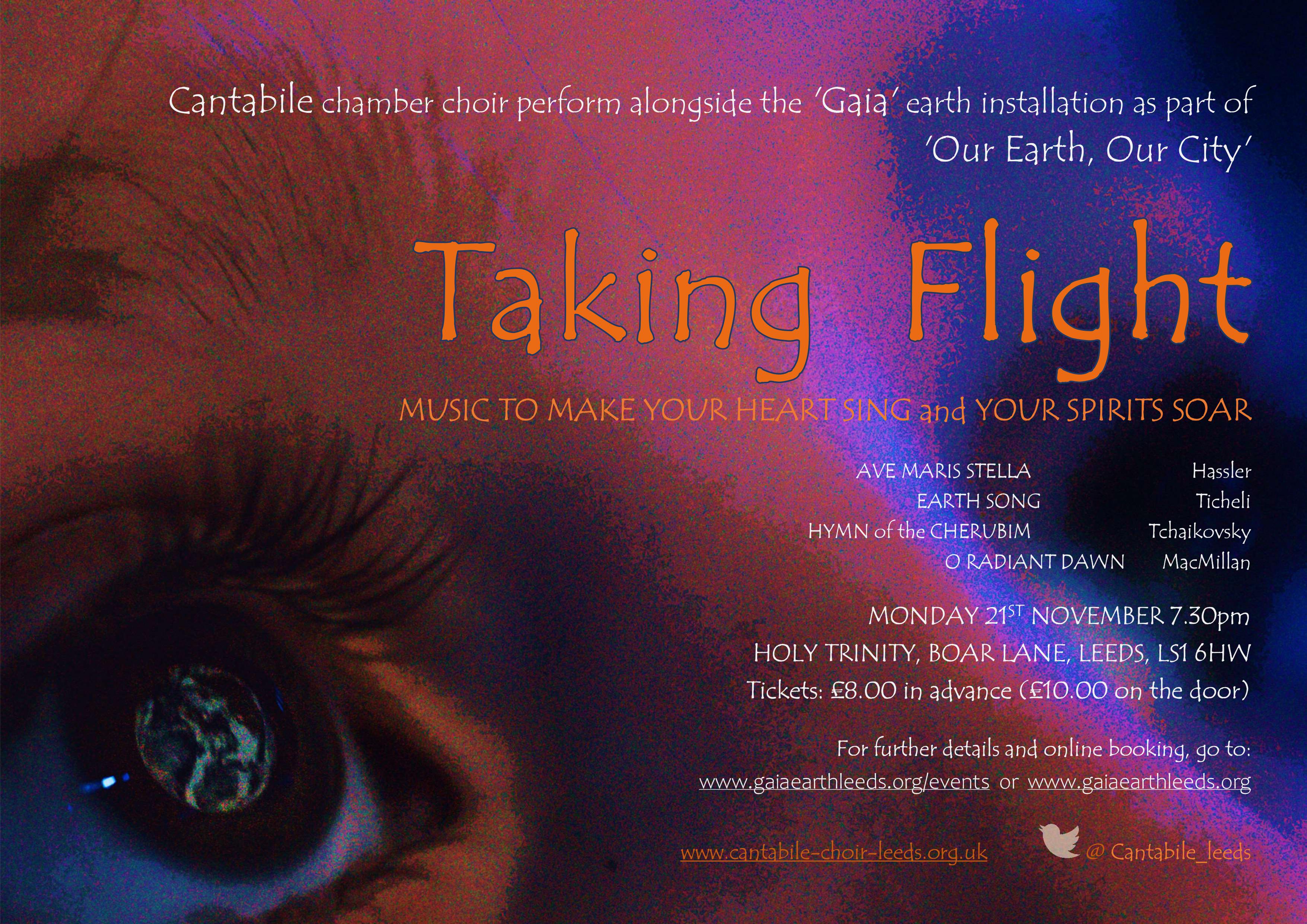 Taking
    Flight flyer Nov 2022, all details in text above, picture is of a
    purplish and red part of a face looking upwards with focus on the eye